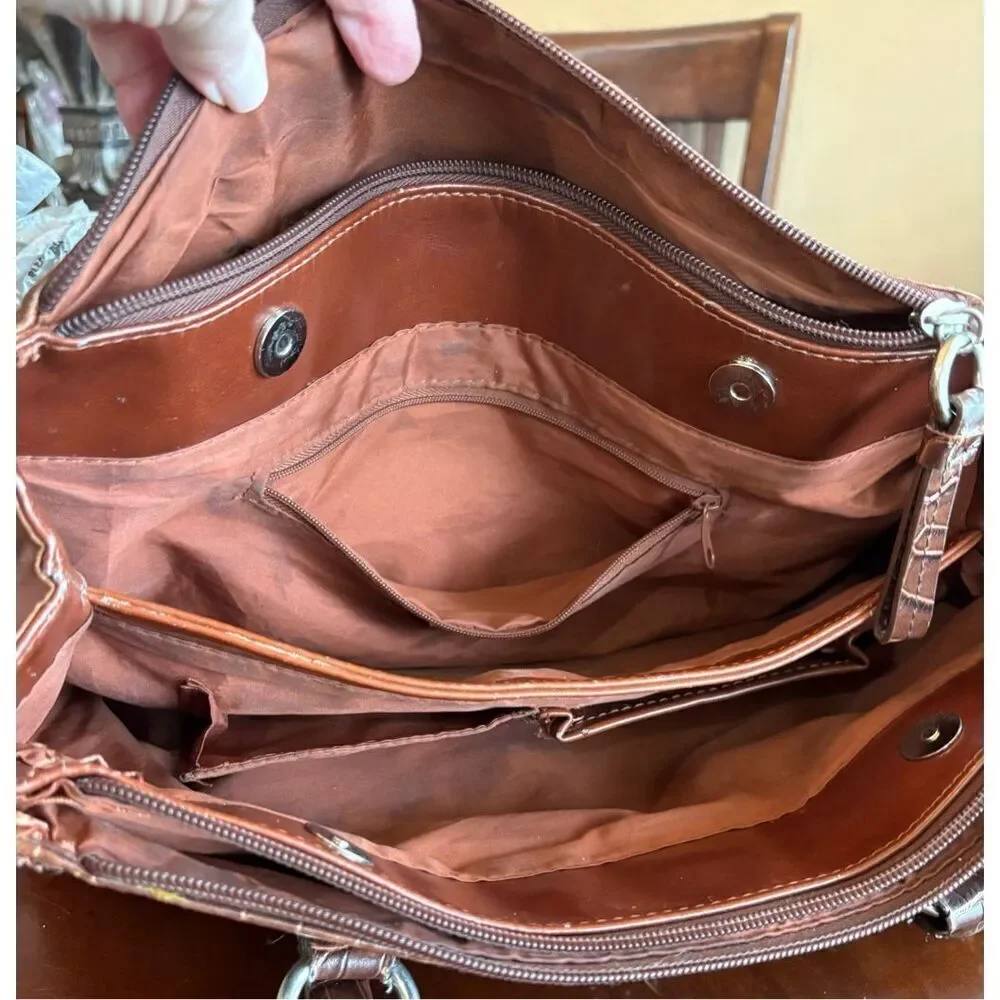 GIANI BERNINI - Double Zip Glazed Leather Satchel/Espresso w/Faux Leather Trim